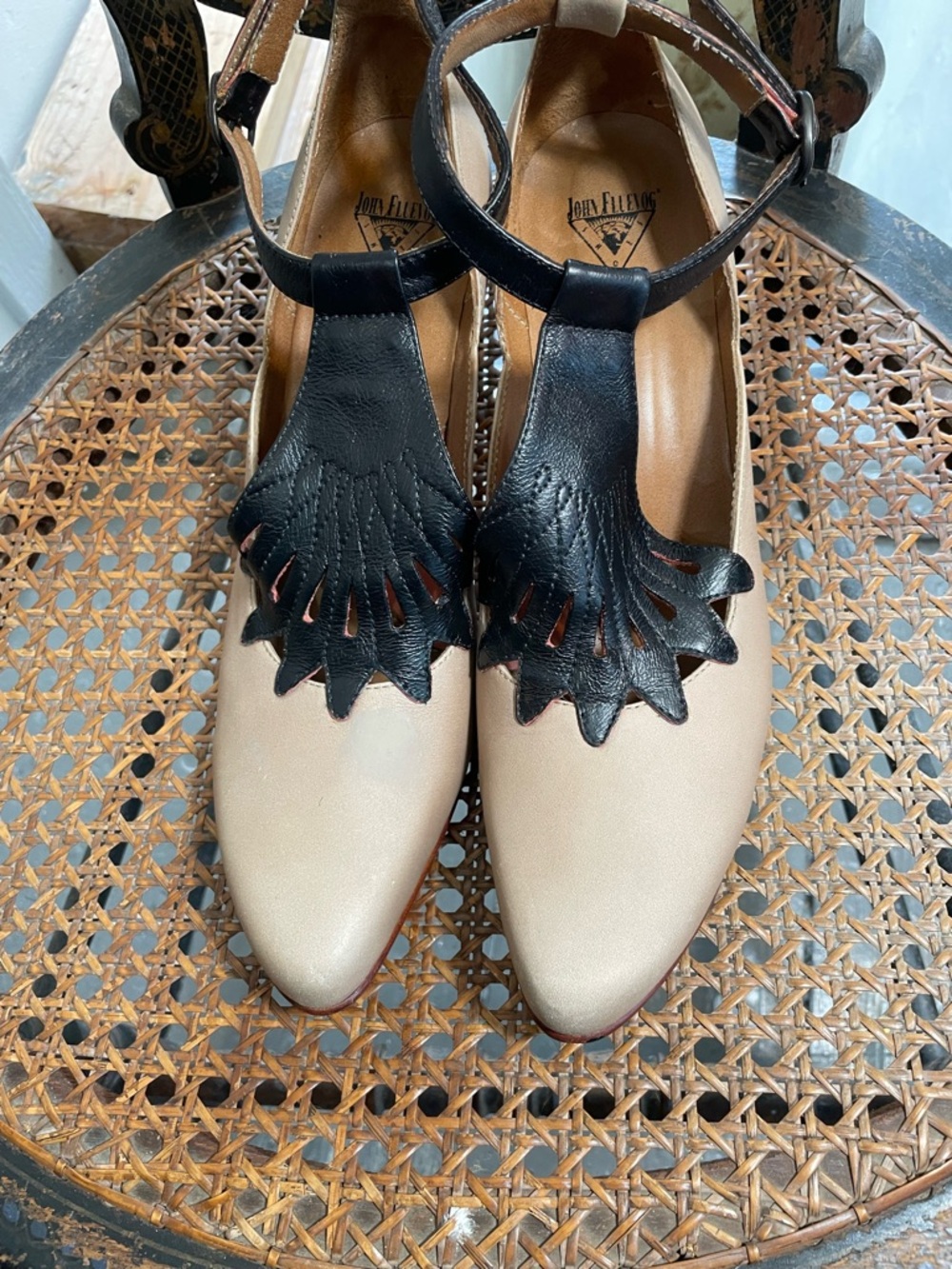 John Fluevog Two-Tone Cream and Black Leather T-Strap Heels